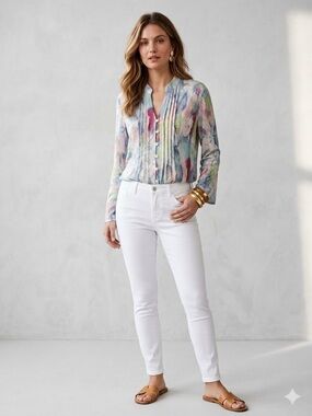 Watercolor Abstract Pintuck Blouse with bell sleeves